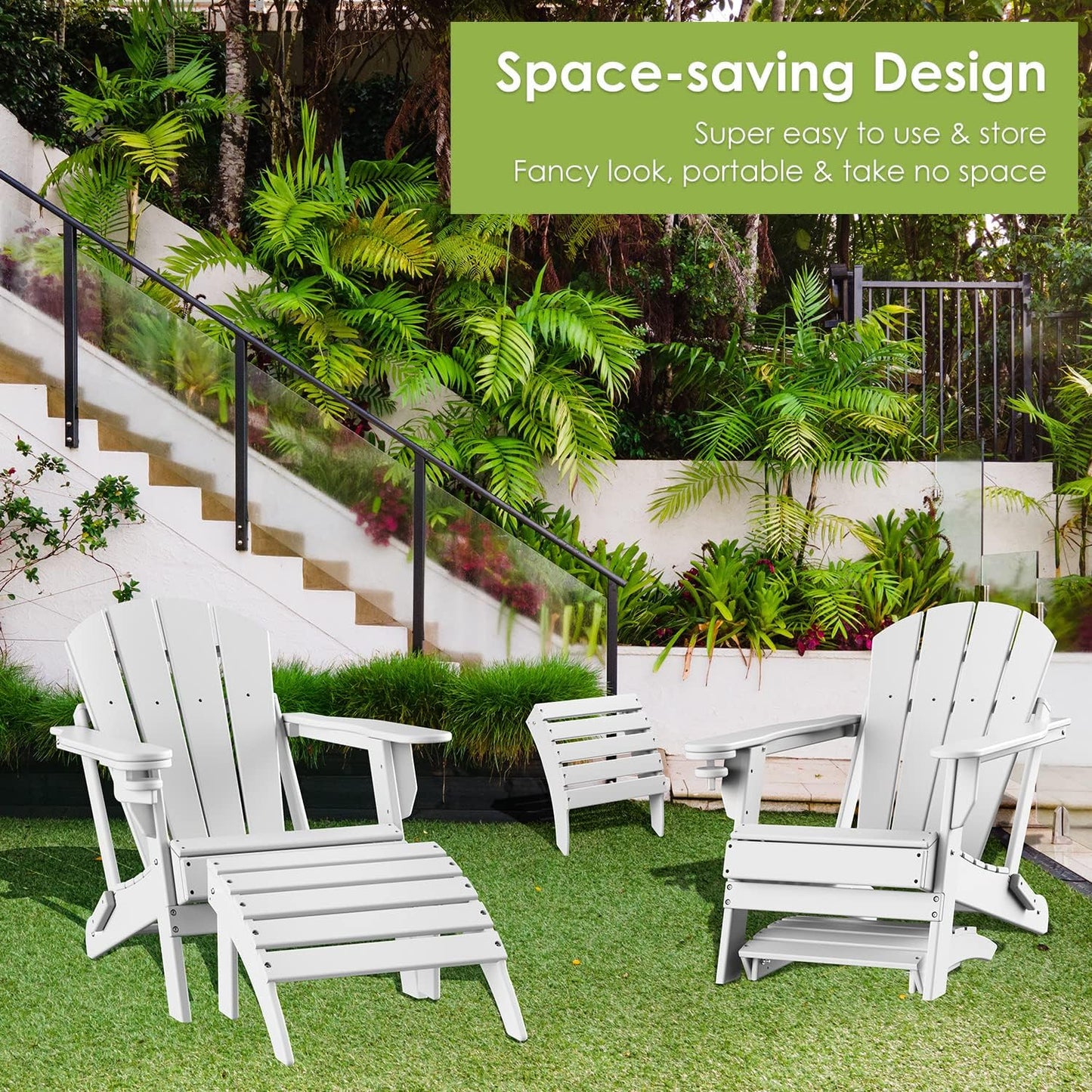 GREENVINES Adirondack-Ottoman | Set of 4 | HDPE Plastic | Outdoor Footrest | All Weather | Foot Rest | Foot Stool | White | for Adirondack Chair | for Patio Backyard Pool