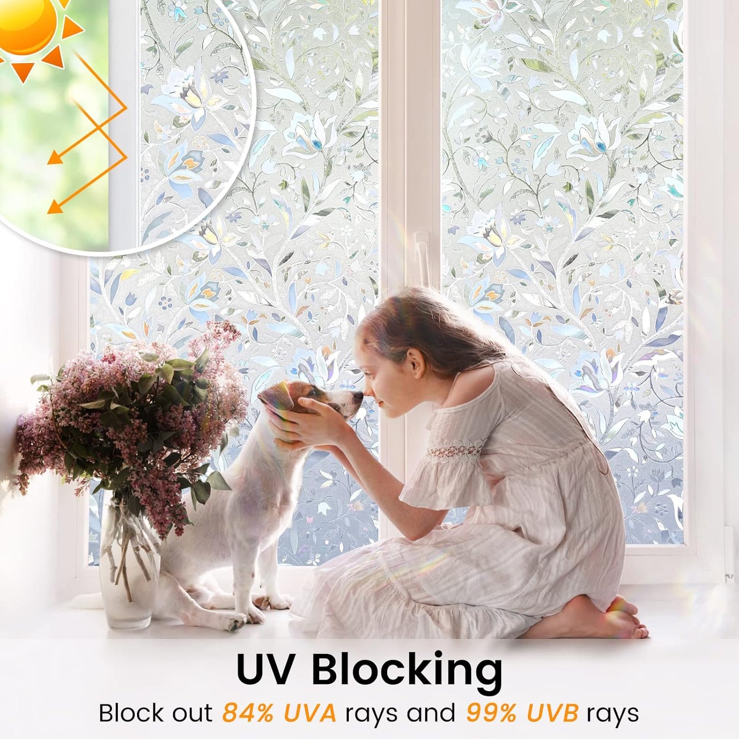 DOWELL Window Privacy Film, 3D Stained Glass Rainbow Films, Decorative Window Vinyl Sun Blocker Door Covering, Static Cling Non-Adhesive Glass Sticker for Home, Blooming Flowers, 35.4"x118"