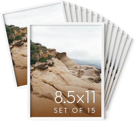 HAUS AND HUES 8.5x11 White Metal Picture Frames - Features Premium Aluminum, Vertical & Horizontal Hang, Shatterproof Plexiglass - Perfect for Home, Room, Office (8.5x11 in, White, Set of 15)
