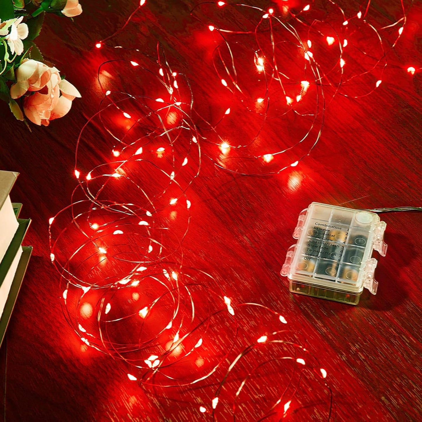 2 Pack 65.6 Ft. Battery Operated Outdoor String Lights with Remote & Timer, LED Red Fairy Lights, Waterproof Twinkle Lights for Bedroom, Dorm, Mason Jar, Wedding, Party, Christmas