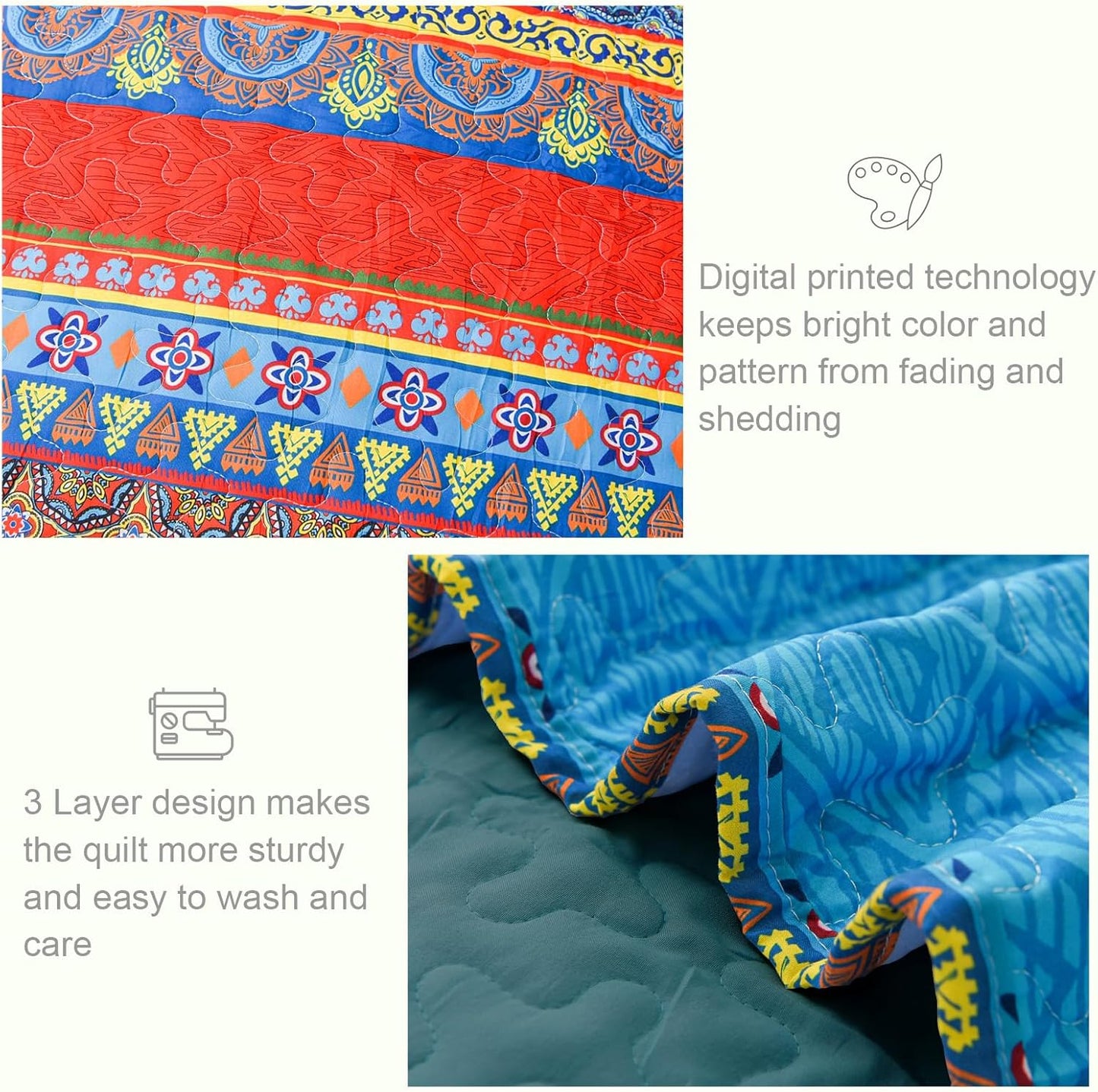 Exclusivo Mezcla Reversible Boho Quilt Set Twin Size, 2 Pieces Bohemian Blue All Season Bedspreads, Ultra Soft Floral Coverlet Bedding Set with Printed Pattern (1 Quilt, 1 Pillow Sham)