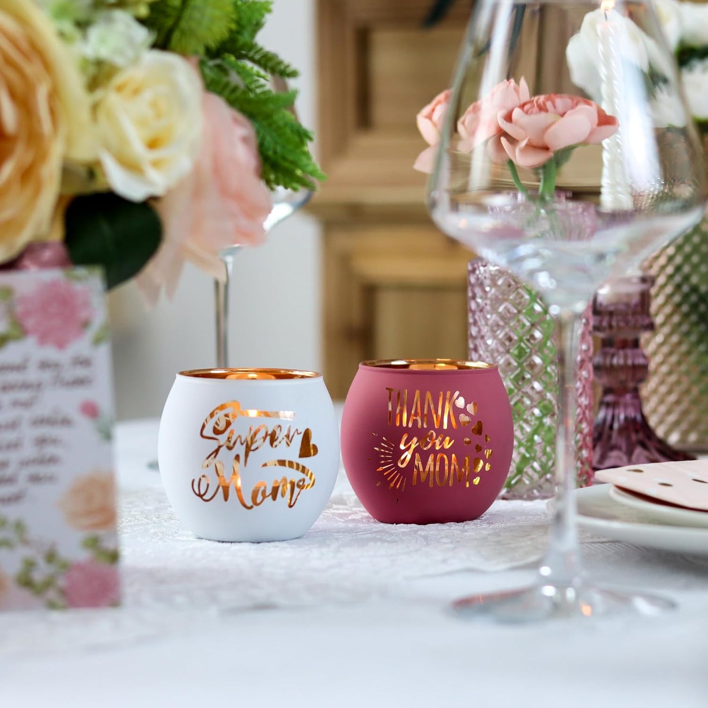 Engraved Pink Glass Tealight Candle Holders Set, Decorative Votive Holders for Table &amp; Shelf Decor