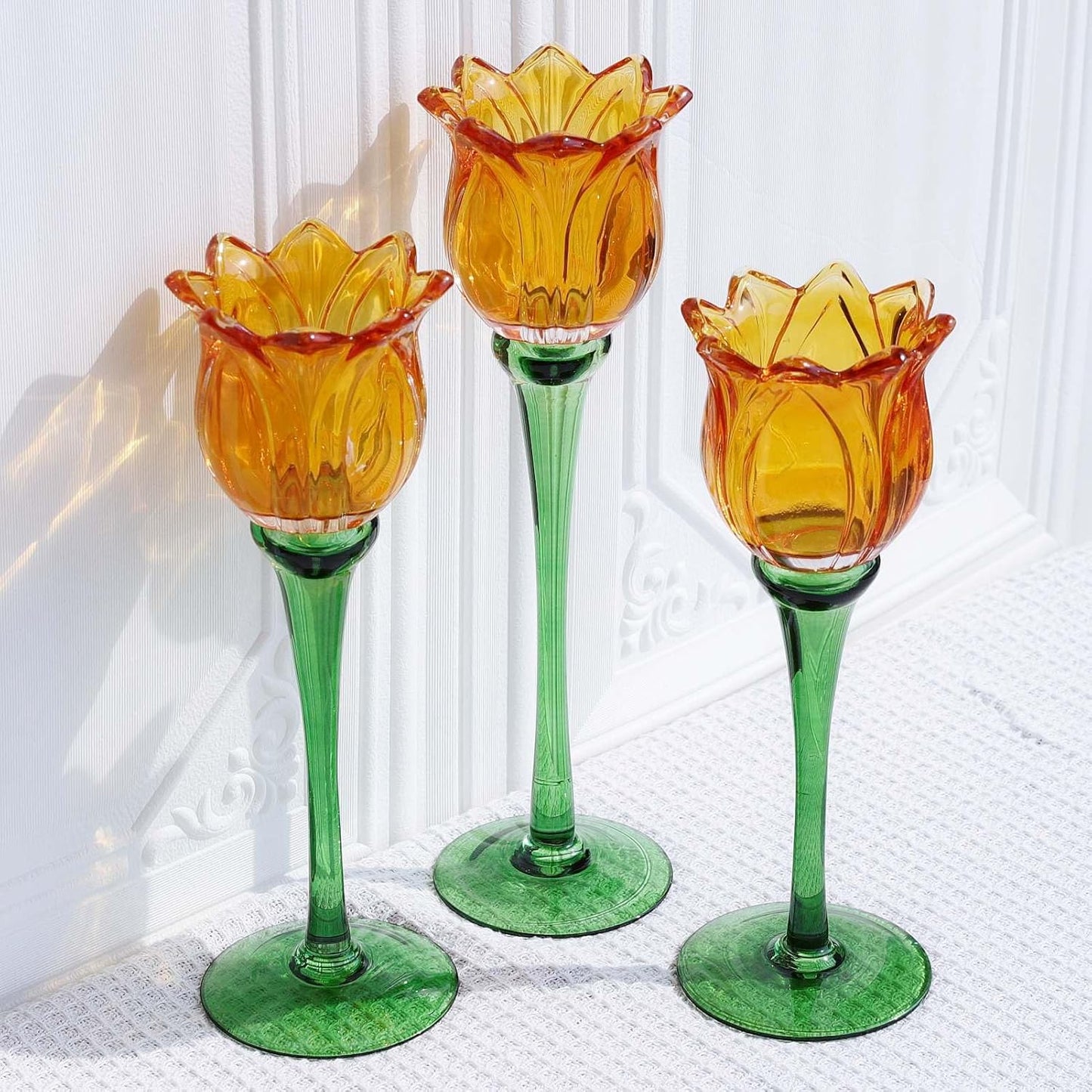 Orange Tulip Glass Votive Candle Holders, Sculptural Table Accent (Set of 3)