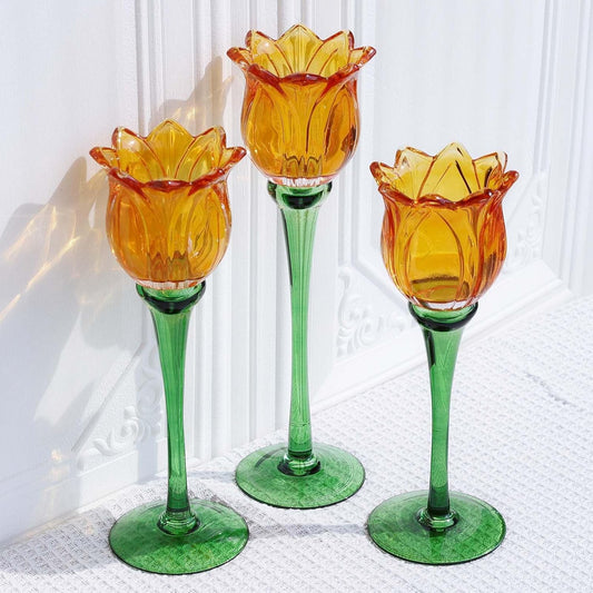 Orange Tulip Glass Votive Candle Holders, Sculptural Table Accent (Set of 3)