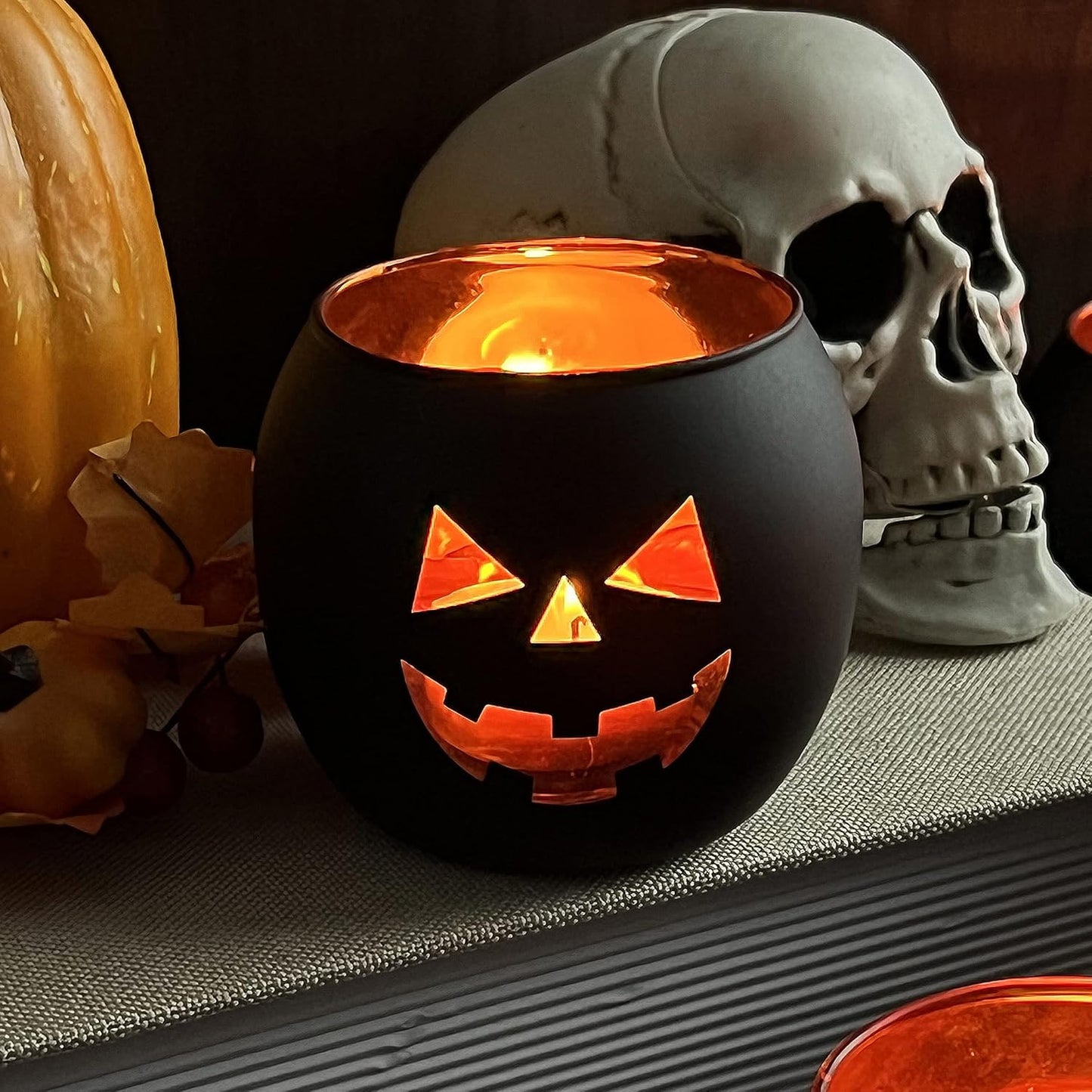 Halloween Table Centerpiece Candle Holders Set of 12, Black and Gold Glass Votive Holder with 6 Grimace, Tealight Holders Bulk for Halloween Party D?or