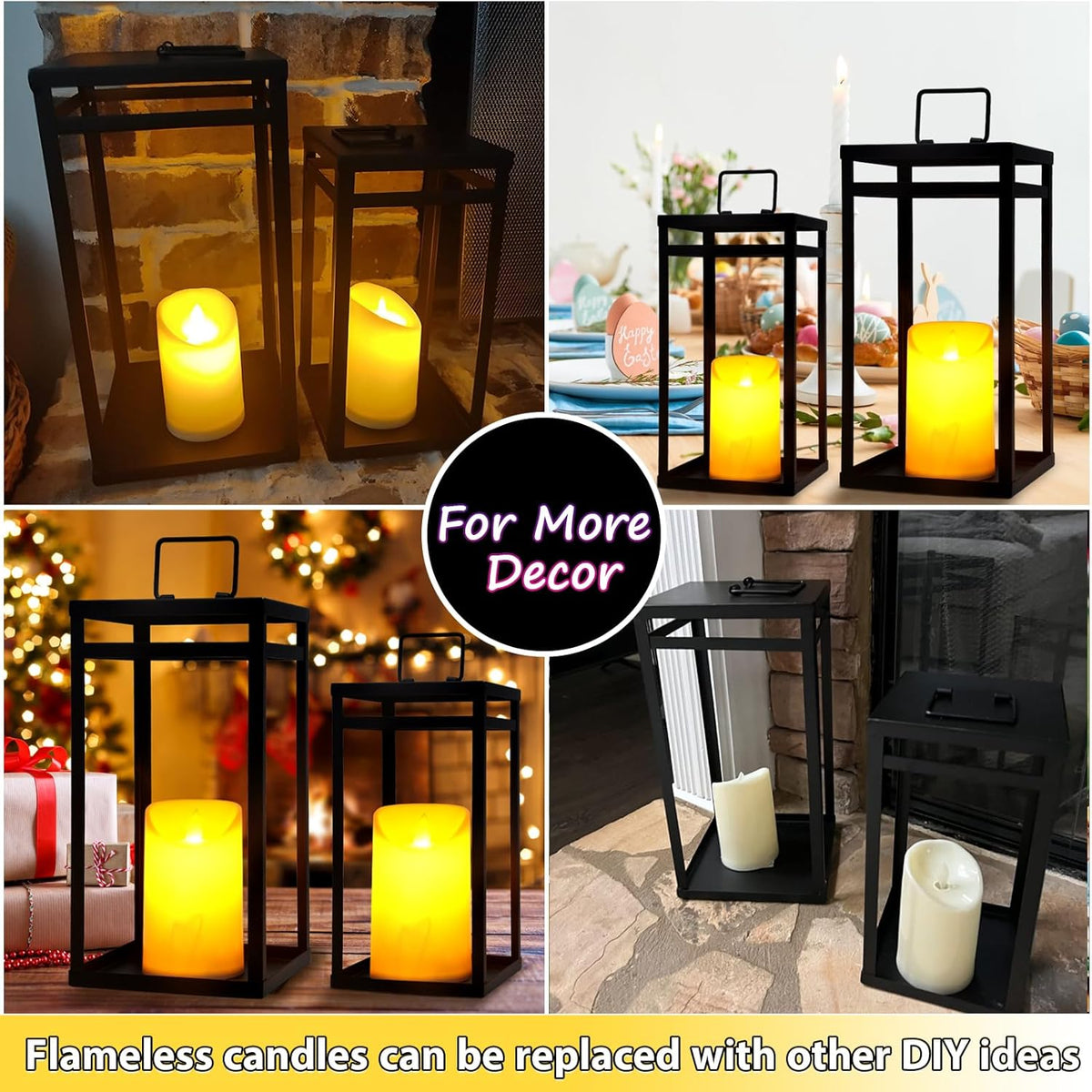 Modern Black Metal Lantern Set (2-Pack) with Flameless LED Candles