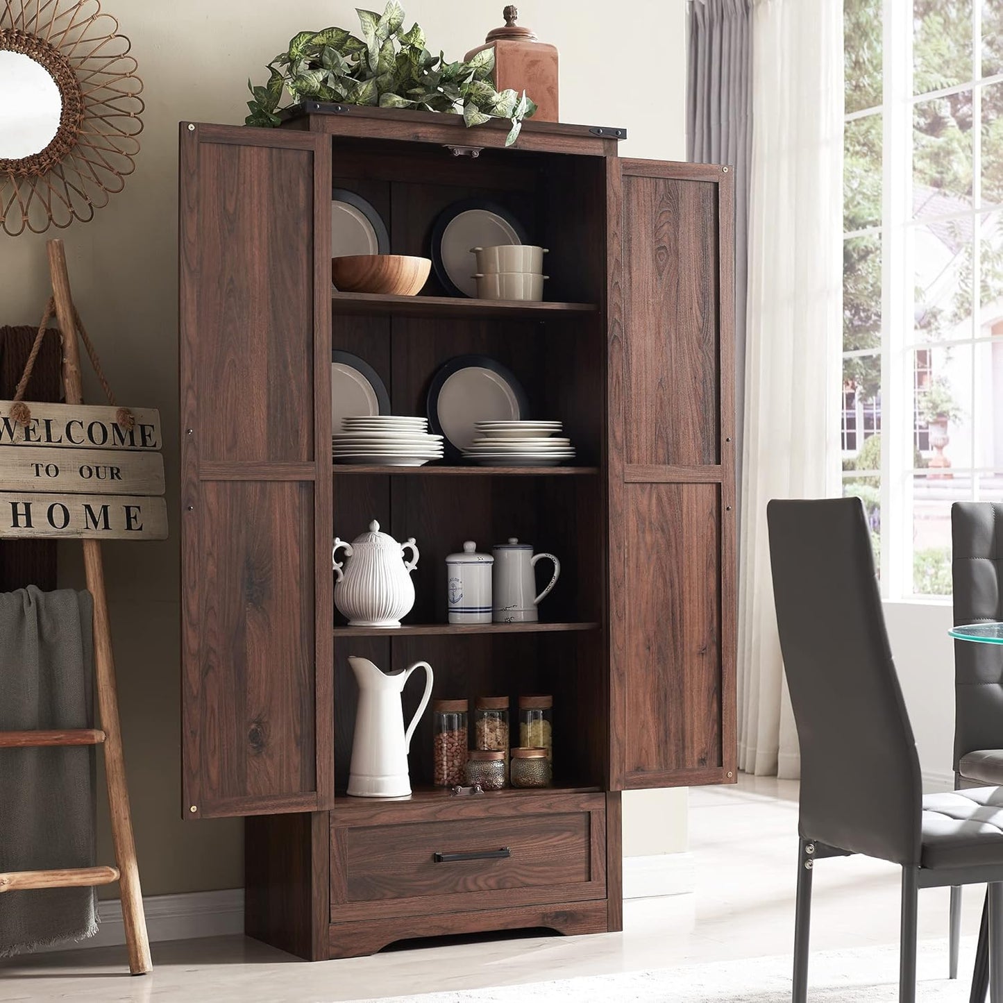 72" Tall Wood Storage Cabinet, Farmhouse Kitchen Pantry Cabinet with Adjustable Shelves & Drawer & Barn Doors, Versatile Storage for Kitchen, Dining Room, Bathroom, Brown