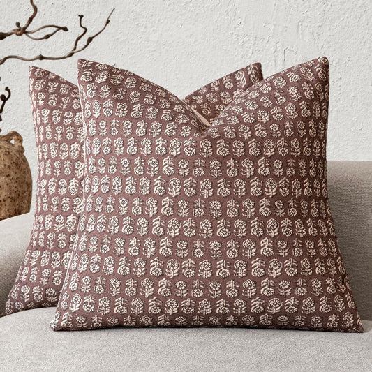 Foindtower Set of 2 Decorative Vintage Floral Print Throw Pillow Covers Neutral Modern Farmhouse Cushion Covers Boho Home Decor for Sofa Couch Chair Bedroom Living Room Outdoor,24×24 Inch,Wine Red