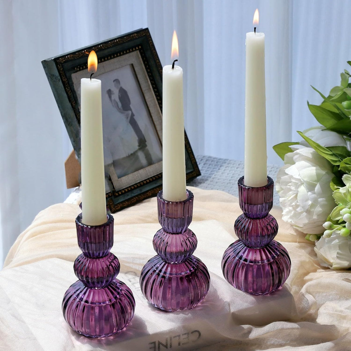 Set of 6 Purple Taper Candle Holders 4.3" H for Halloween Decorations, Vintage Ribbed Glass Candlestick Holders for Wedding Table Centerpiece, Candle Sticks Holder Decor for Holiday Home Decor