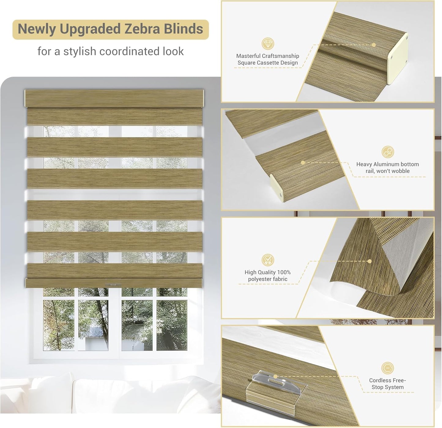 Cordless Zebra Blinds for Windows, Blackout Interior Blinds,Easy to Install,UV Protection,for Offices and Home,Custom Roller Shades, Mousse Light Bown,52" W x 48" H