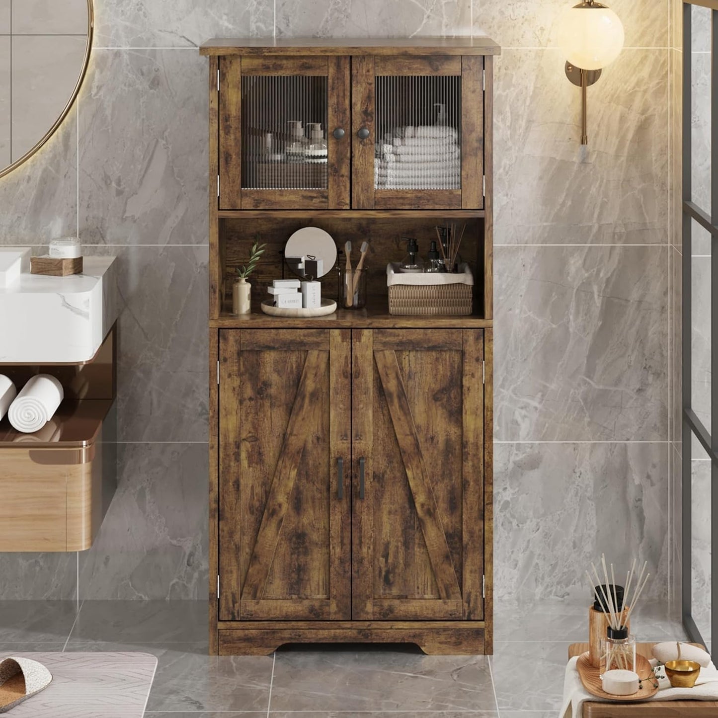 GarveeHome 54in Tall Bathroom Cabinet, Farmhouse Storage Cabinet with Glass Doors and Adjustable Shelves, Freestanding Kitchen Pantry Cabinets, Cupboard for Living Room, Dining Room, Rustic Brown