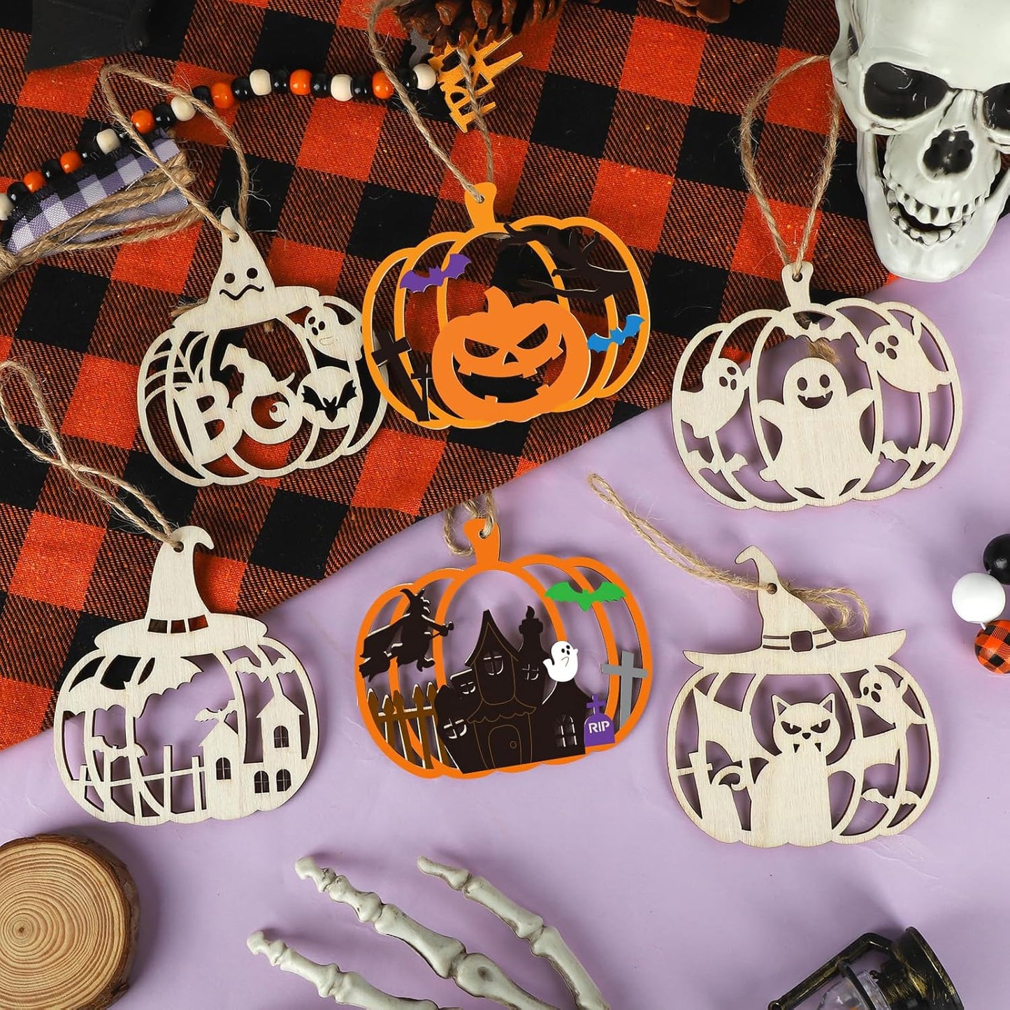 24 PCS Unfinished Wooden Halloween Crafts,Pumpkin Shaped Hanging Ornaments DIY Wood Craft Cutouts for Halloween Party Decor (Hollow Pumpkin)