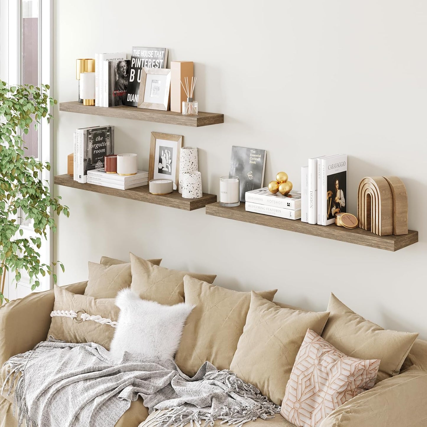 BAMEOS Floating Shelves,40 in W x 8in D Wall Mounted Wooden Shelves with Invisible Brackets Set of 3, Hanging Wall Shelves Decoration for Bedroom, Bathroom, Living Room and Kitchen