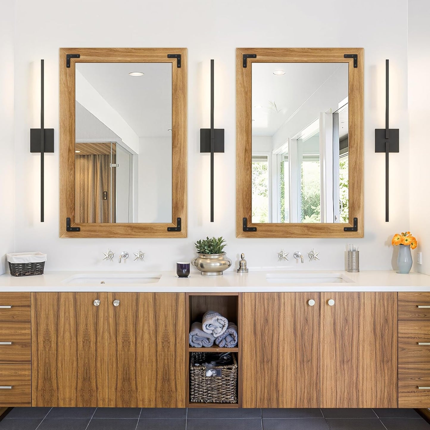 Bathroom Mirror for Wall with Wooden Frame, 36"x24" Solid Wood Vanity Mirror for Farmhouse, Bathroom, Bedroom Decor, Vertical or Horizontal Hanging