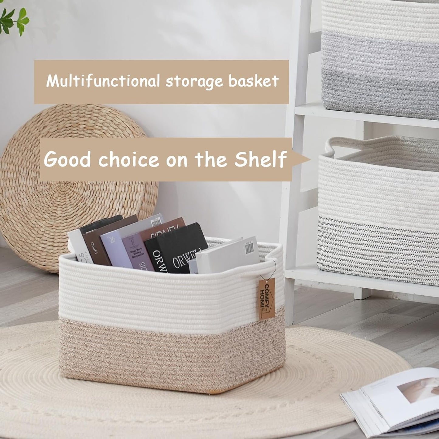 COMFY-HOMI Cotton Rope Woven Basket with Handles for Shelves,Toys,Book, Cloth Storage Baskets for Organizing-13.5" x 11" x 9.5" Toy Decorative Organizer for Living Room, Bathroom （White/Brown）
