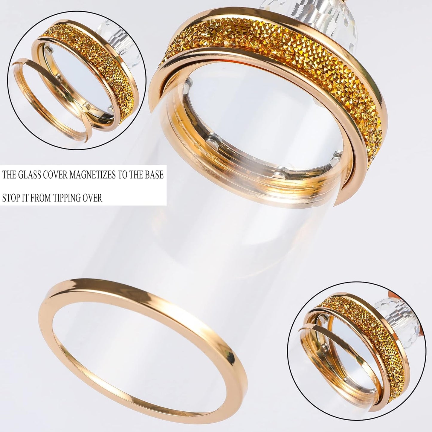 Crystal Pillar Candle Holder with Glass Shade, Gold Metal Base (M)