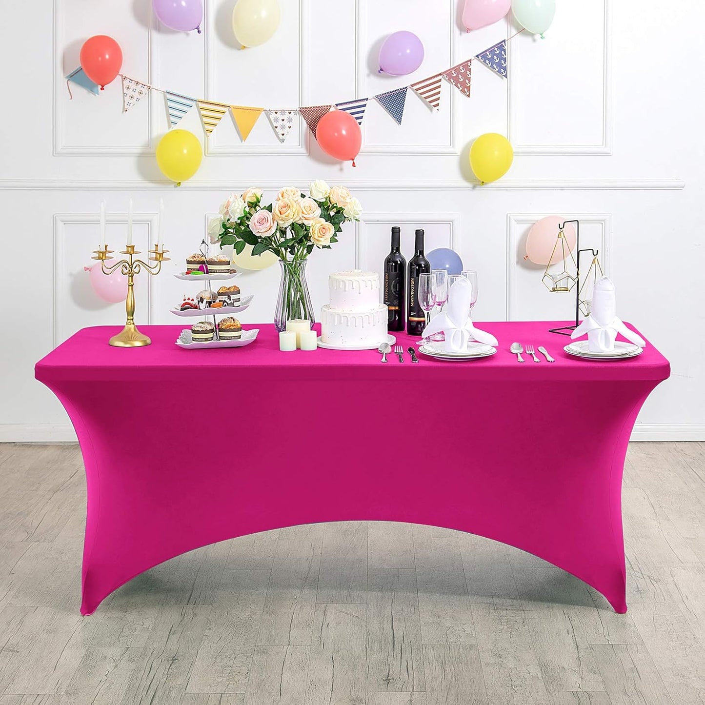 2Pack Spandex Table Cover for 8FT or 4ft or 6ft Table Universal Fitted Stretch Tablecloth for Party, Banquet, Wedding and Events-Fuchsia