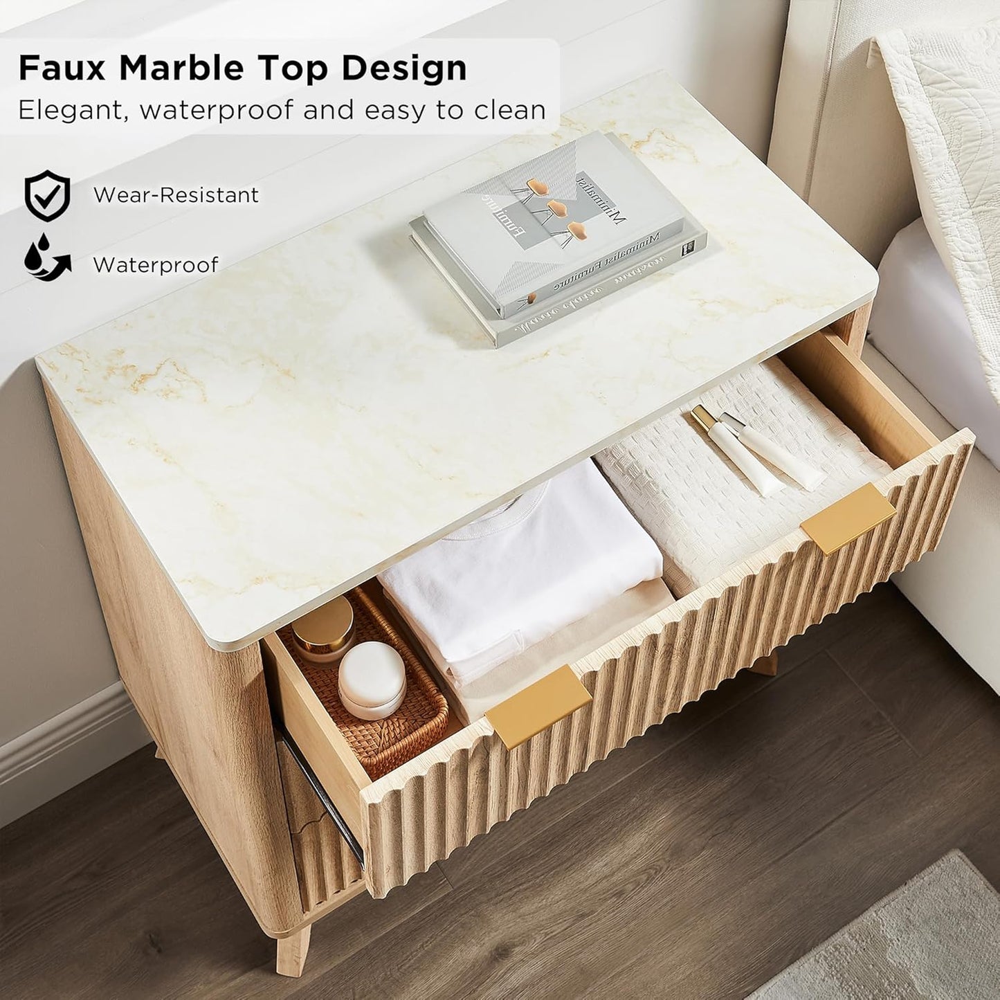 T4TREAM 32" Tall Fluted Nightstand, Modern Side Table with Faux Marble Top, 3 Drawers End Table w/Storage, Bedside Table for Bedroom, Living Room, Curved Profile Design, Natural Oak