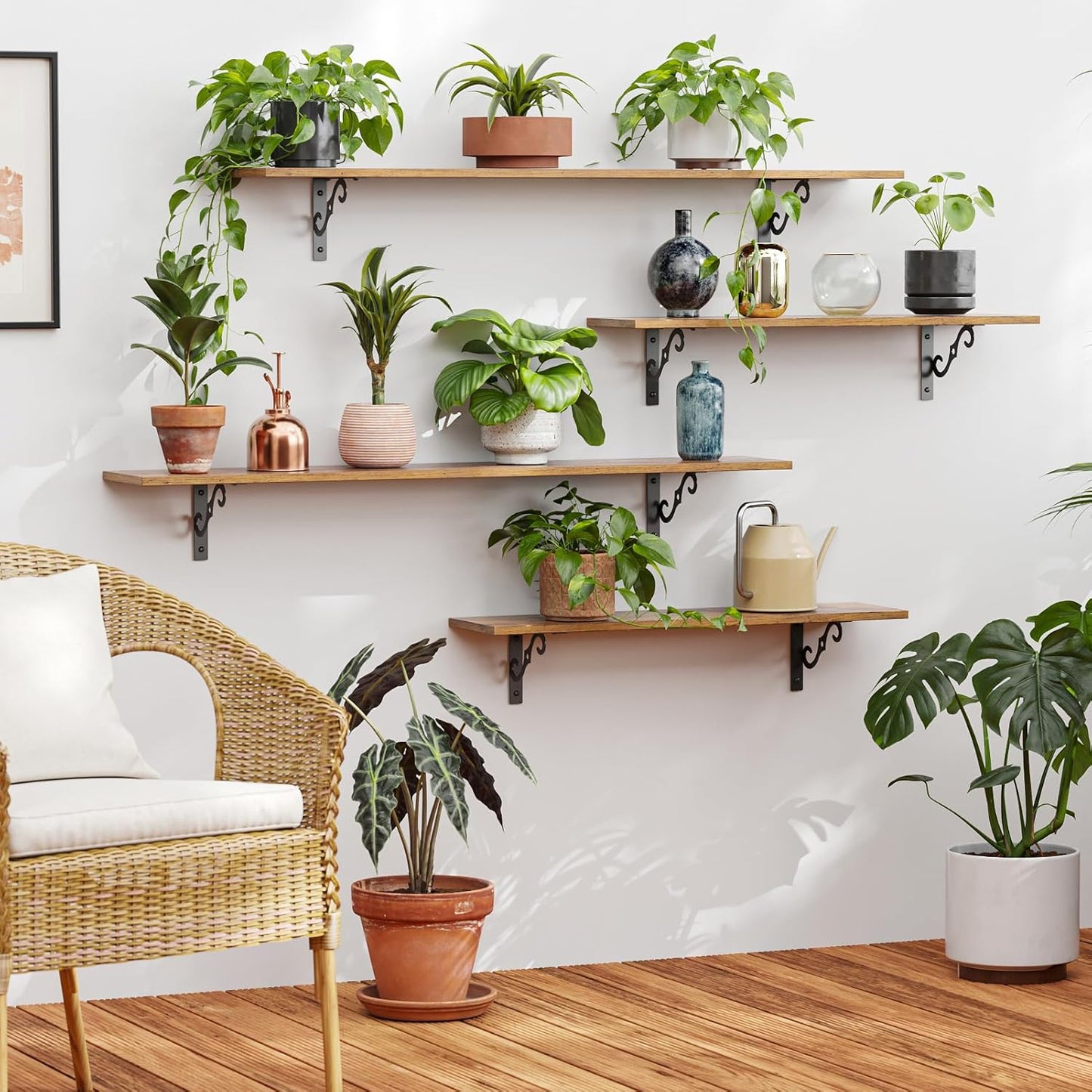 DINZI LVJ Long Wall Shelves, 31.5 Inch Large Floating Shelves Set of 4, Wide Display Shelf Wall Mounted with Brackets, Easy Hanging for Living Room, Toilet, Office, Bedroom, Rustic Brown