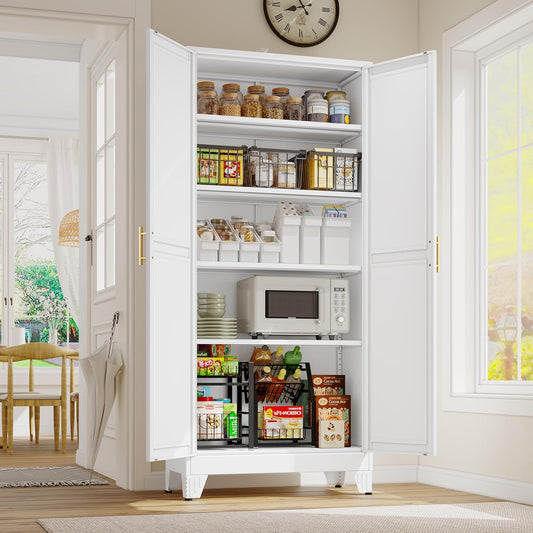 71" Tall Metal Storage Cabinet with 2 Doors and 4 Adjustable Shelves, Kitchen Pantry Cabinet White Freestanding Cupboard, 5 Tier Multifunctional Steel Storage for Office, Kitchen, Dining Room