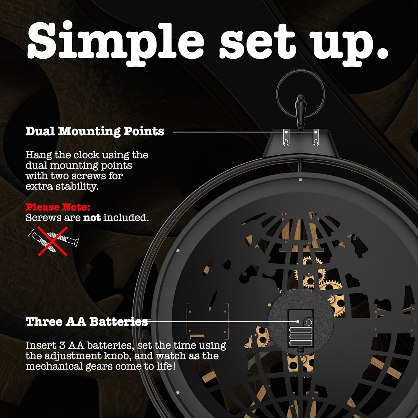 Large Rustic Gear Wall Clock – Vintage Farmhouse Iron Frame (30”)