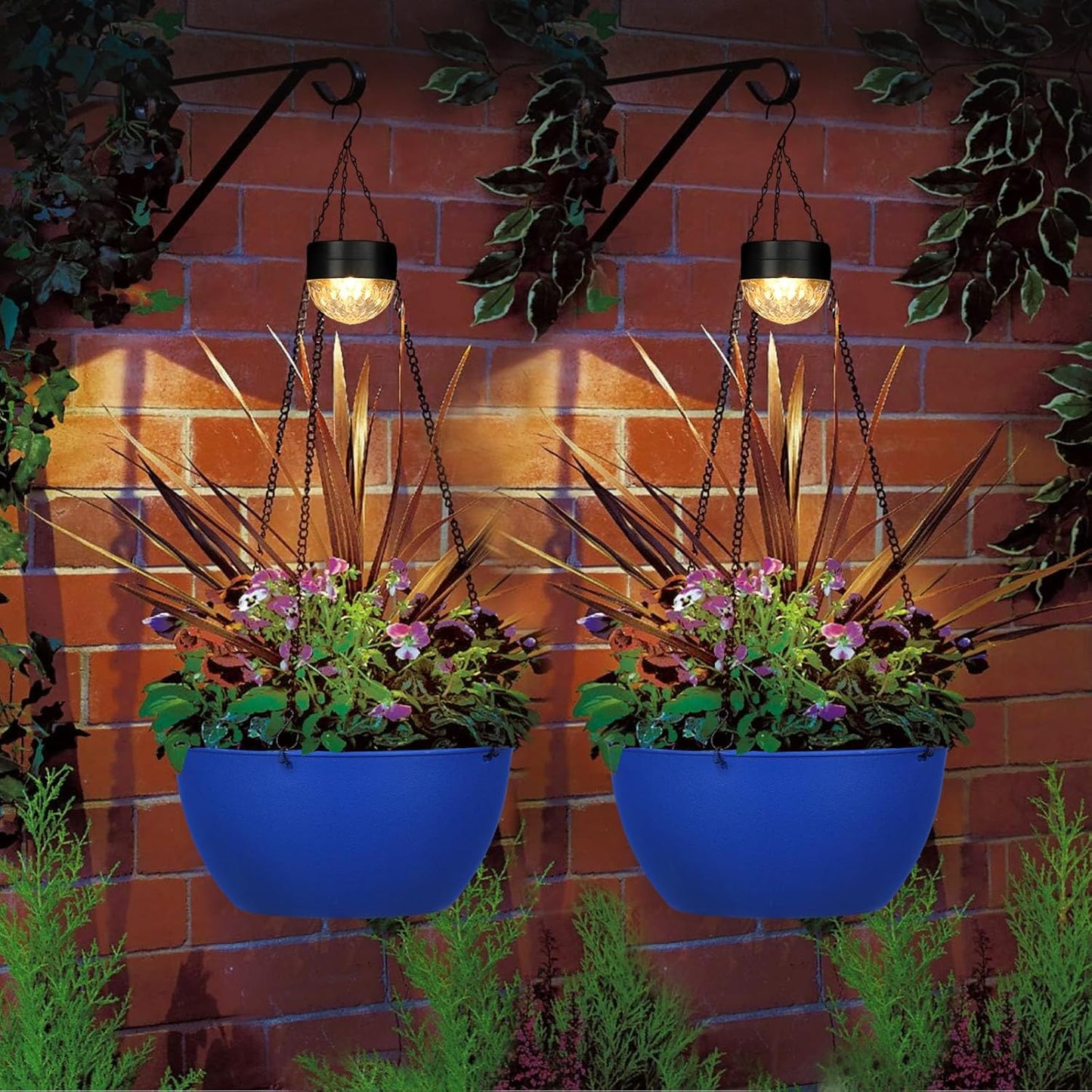 2 Packs Hanging Planters Basket for Outdoor Plants, Solar Powered Self Watering Blue Round Plastic Flower Pots with Drainer for Balcony Patio Garden Outdoor Decoration