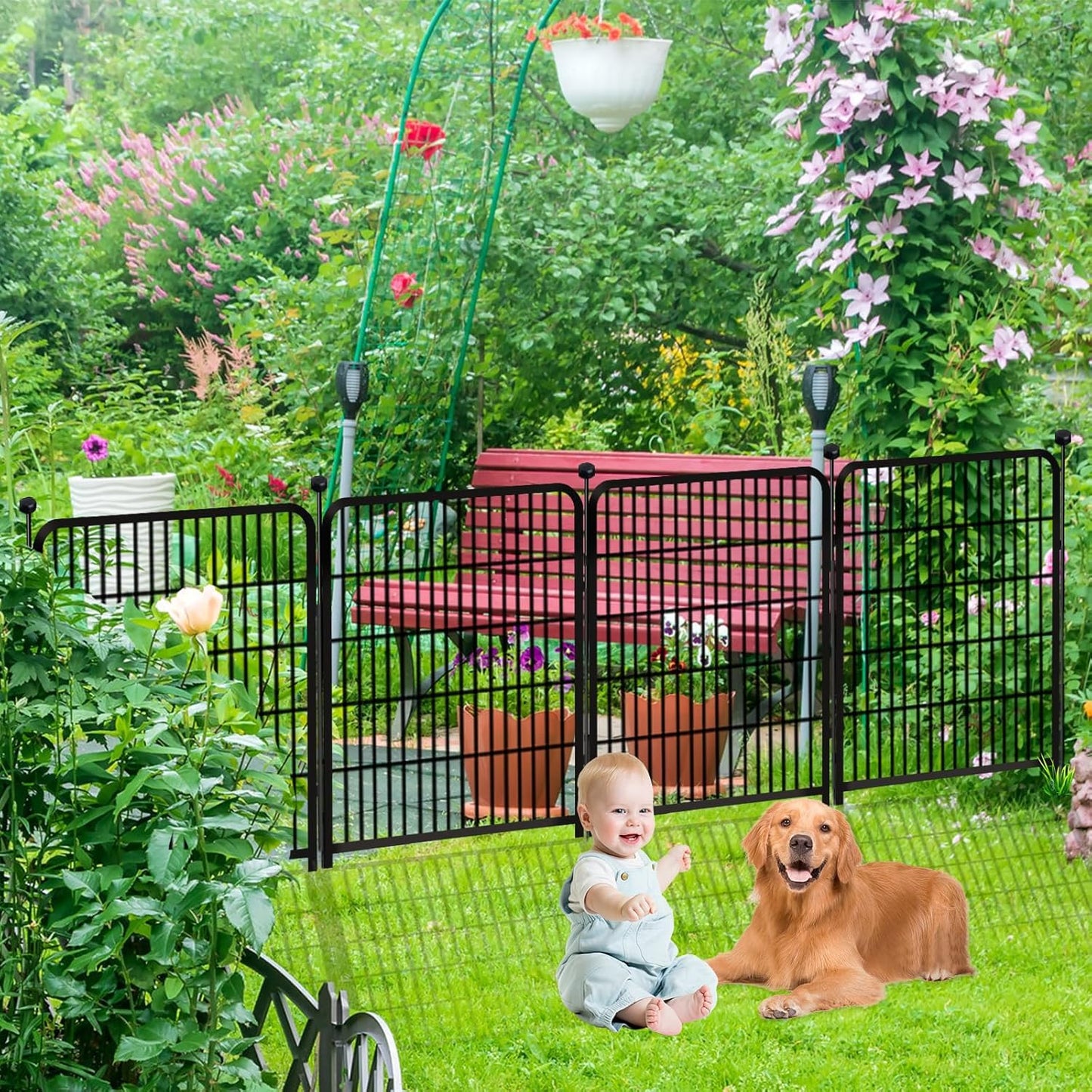 56in(H) Garden Fence, 10 Panels Total 22.1 Ft(L), Garden Fence with Low Threshold Gate, Anti Dig Fence Barrier, Fencing for Garden Beds, Black Metal Decorative Garden Fencing