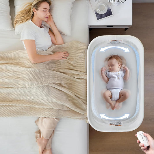 Electric Bassinet for Baby 3 Rocking Speeds, Auto Bedside Sleeper with 8 Soothing Music, Rocking Bassinet for Infant, Grey