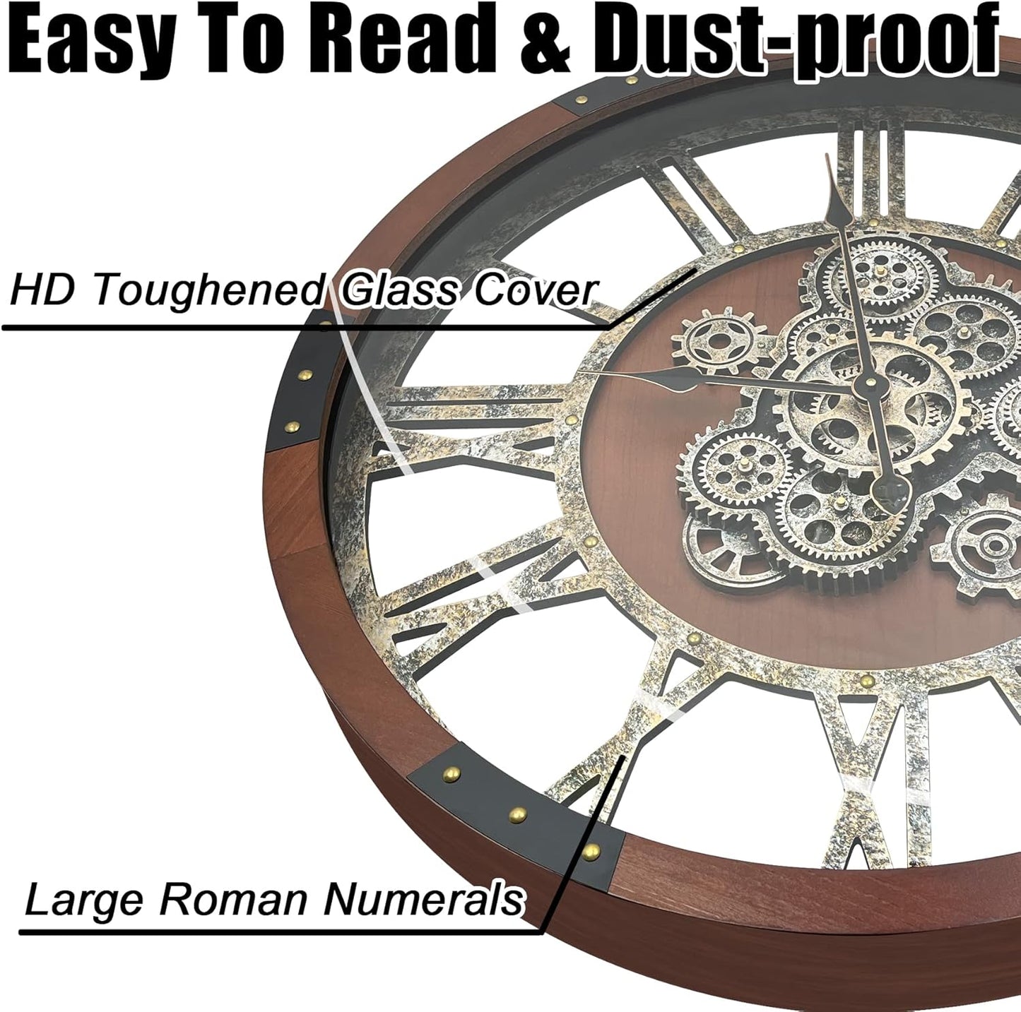 40” Oversized Moving Gear Wall Clock – Industrial Vintage Style, Silent Battery Powered