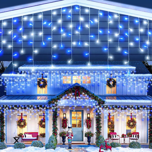 33ft Blue and White Christmas Lights, 400 LED Icicle Lights for Outside, Clear Wire Connectable Twinkle Lights with 8 Modes Timer Waterproof for House Window Party Tree Holiday Patio Yard Home Decor