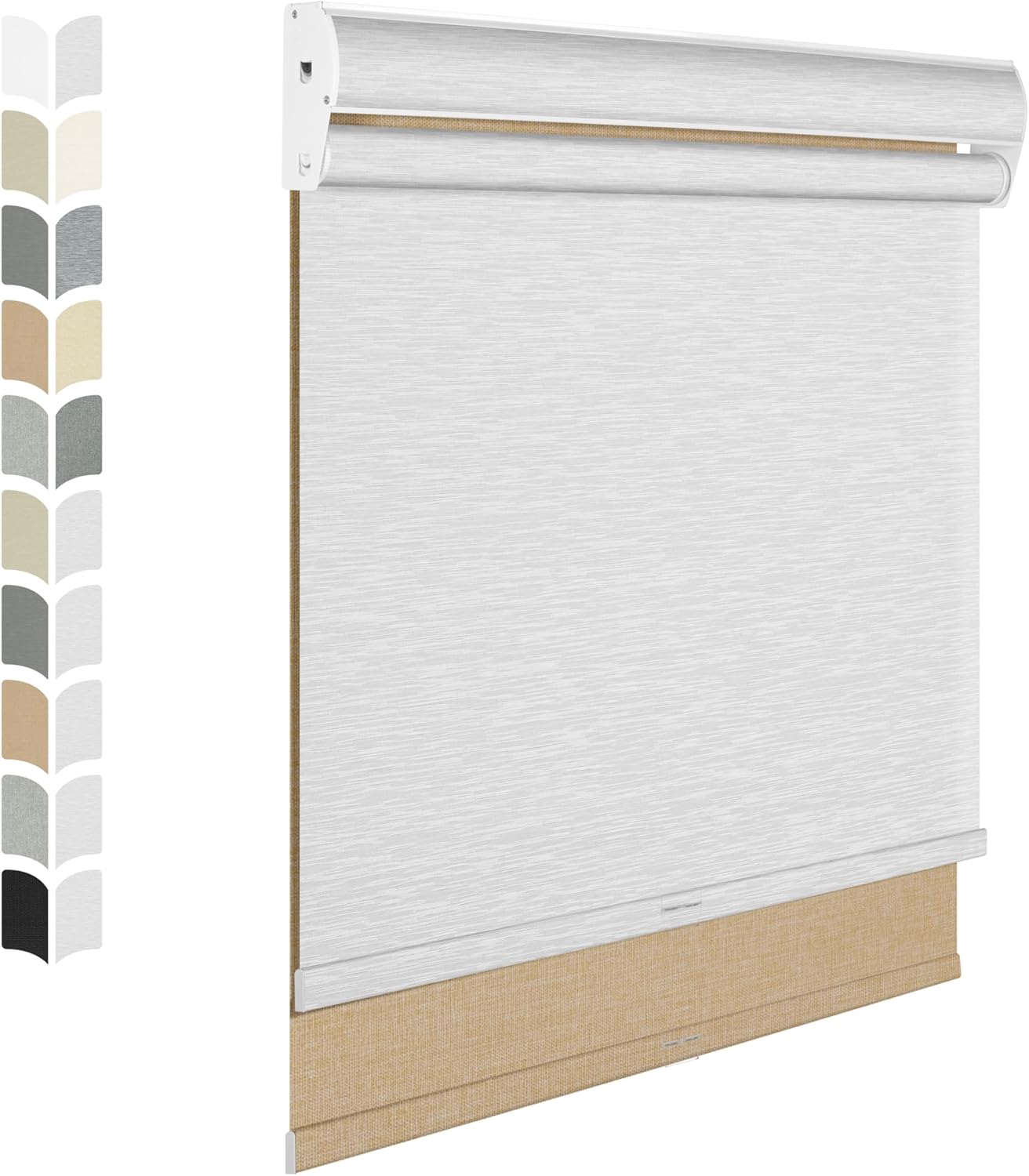 BERISSA Cordless Dual Roller Shade With Cassette Valance, Blackout & Light Filtering Shade for Day & Night, Double Shades Linen Beige & White. 42 W x 72" H