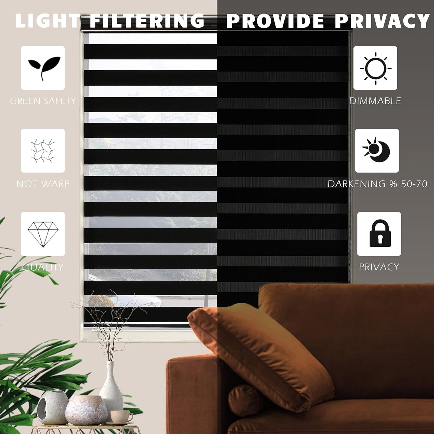Blackout Zebra Blinds, Dual Layer Free-Stop, Room Darkening Zebra Shades, Blinds for Indoor Windows, Light Filtering Privacy Sheer Shade for Home(42" W X 72" H, Black)