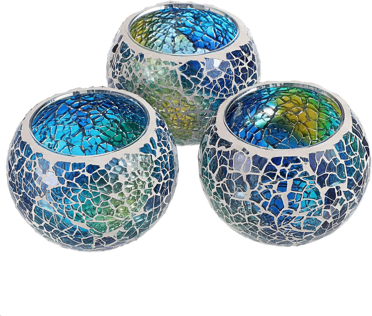 Set of 3 Blue Mosaic Glass Tea Light Holders Round Bowl Votive Candle Holders Pillar Candle Stands, Glass Mosaic Tealight Holders Potted Plant Bowl Vase Candle Centerpiece for Table Wedding