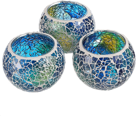 Set of 3 Blue Mosaic Glass Tea Light Holders Round Bowl Votive Candle Holders Pillar Candle Stands, Glass Mosaic Tealight Holders Potted Plant Bowl Vase Candle Centerpiece for Table Wedding