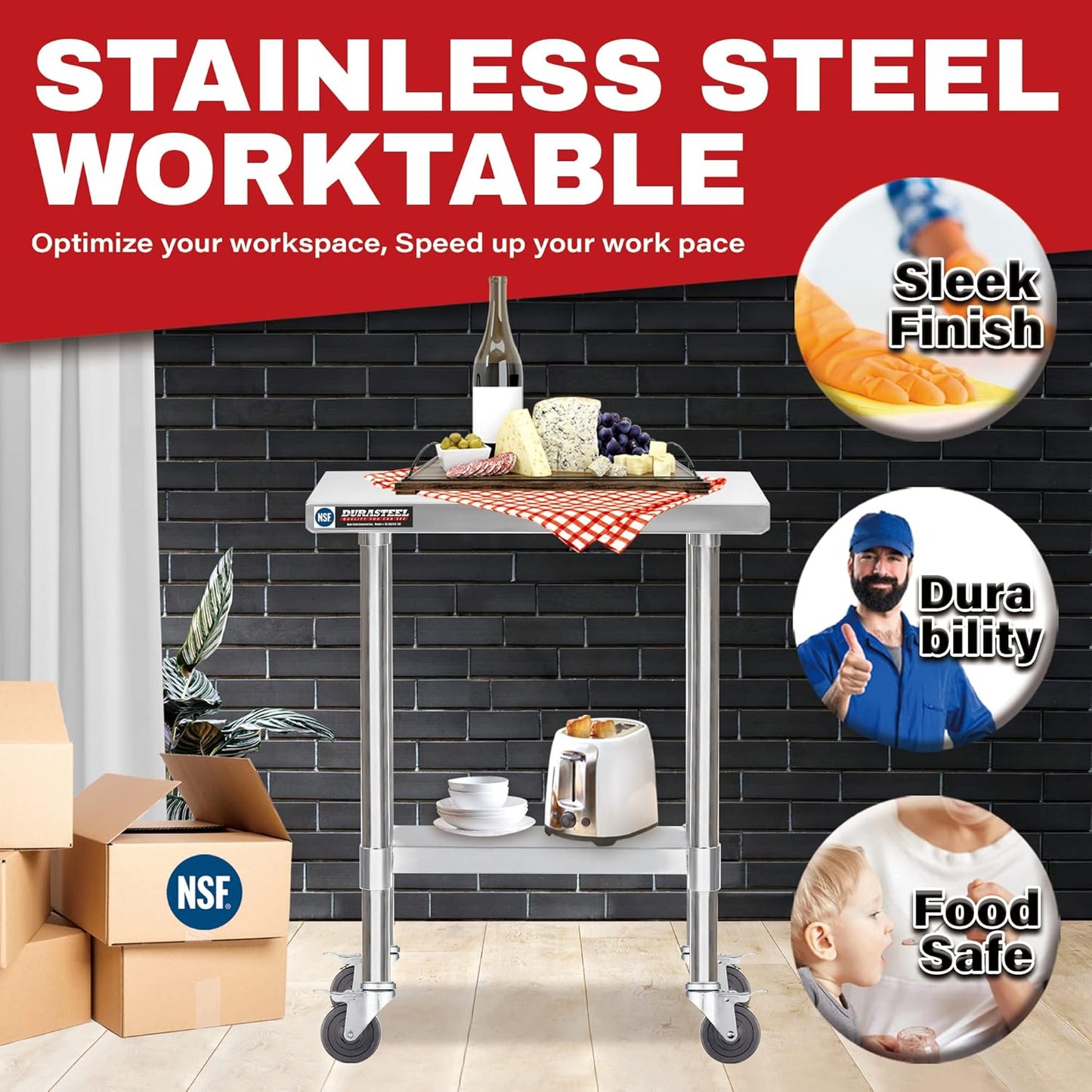 DuraSteel 30x12 NSF Stainless Steel Cart - Heavy Duty Rolling Food Prep Table with Undershelf - Metal Utility Cart for Commercial Restaurant Kitchen, Laundry, Side Mixer Stand