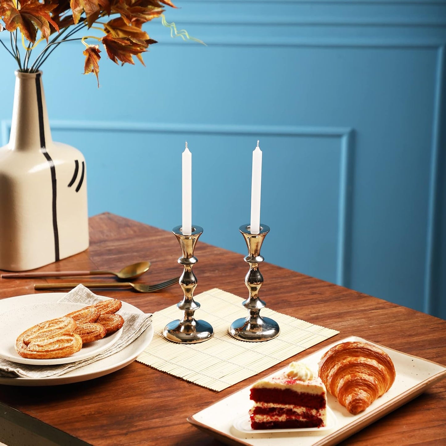 Silver Candle Holders Set of 2 Decorative Centerpiece Table Candlesticks Holders for Taper Candles Home Decor Easter Candle Holders for Dinner Party Wedding Decorations