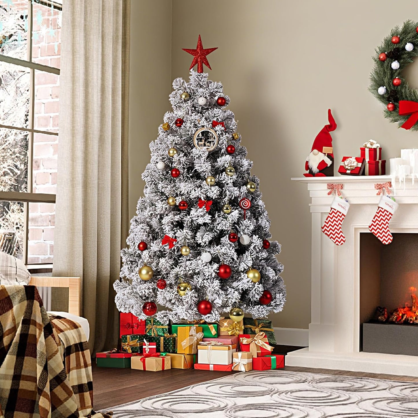 GarveeHome 6ft Prelit Artificial Christmas Tree with Warm White Lights, Snow Flocked Full Xmas Tree with 710 Branch Tips, 250 LED Lights & Foldable Stand, Green & White Christmas Decorations