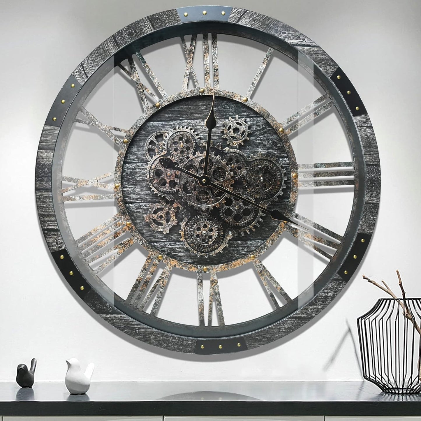 Extra Large Silent Gear Wall Clock 36” — Vintage Industrial Statement Timepiece for Calm Spaces