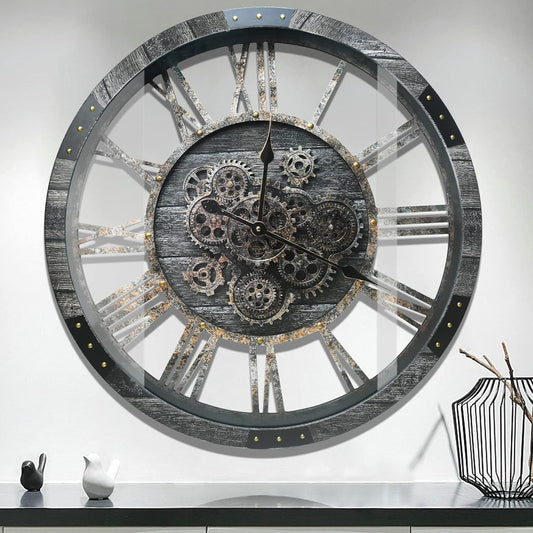 Extra Large Industrial Gear Wall Clock – Vintage Metal & Wood Design (36”)