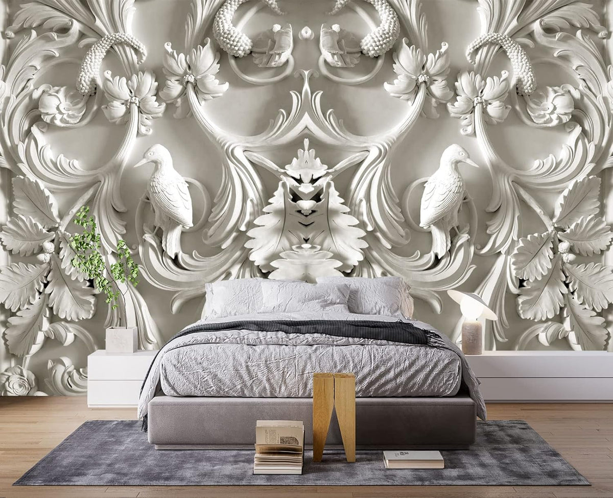 White Gypsum Art Wall Mural Wallpaper for Bedroom 137" x 100"
