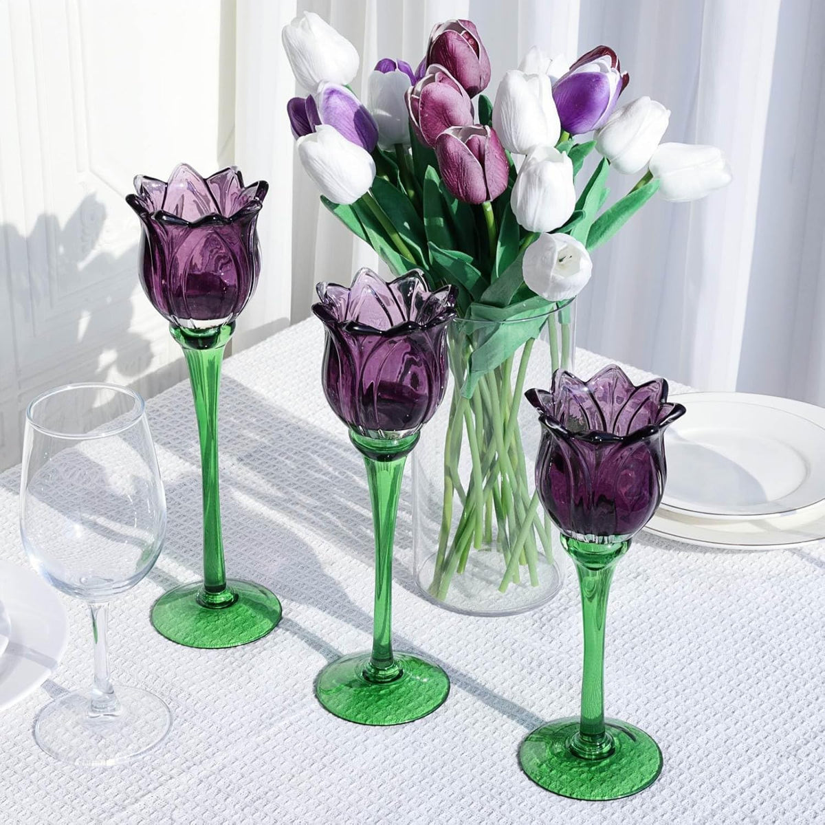 Purple Tulip Glass Tealight Candle Holders Set of 3, Floral Tall Glass Candle Holders for Table & Home Decor