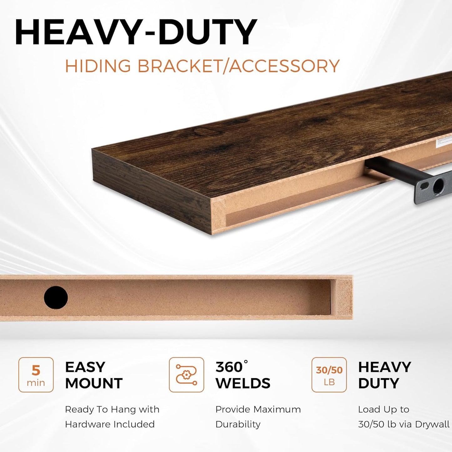 32” Rustic Floating Wall Shelves Set of 2 — Heavy Duty Wood Wall Shelves for Living Room, Kitchen, Bathroom &amp; Bedroom Storage