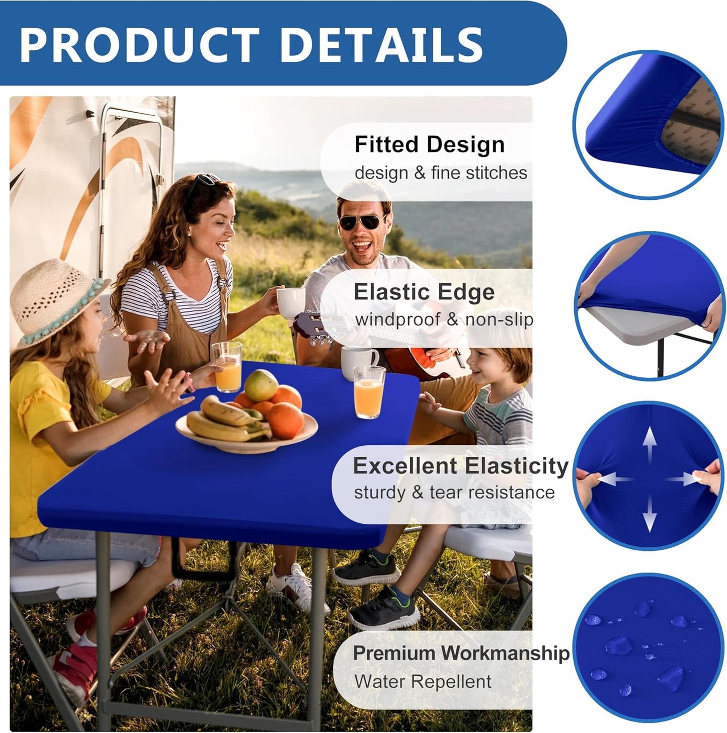 Fitted Tablecloth for 8 Foot Rectangle-6 Pack Royal Blue Elastic Outdoor Picnic Table Cover-Spandex Stretch Folding Table Cloths 8ft for Camping Dining Room Patio Kitchen Banquet Party