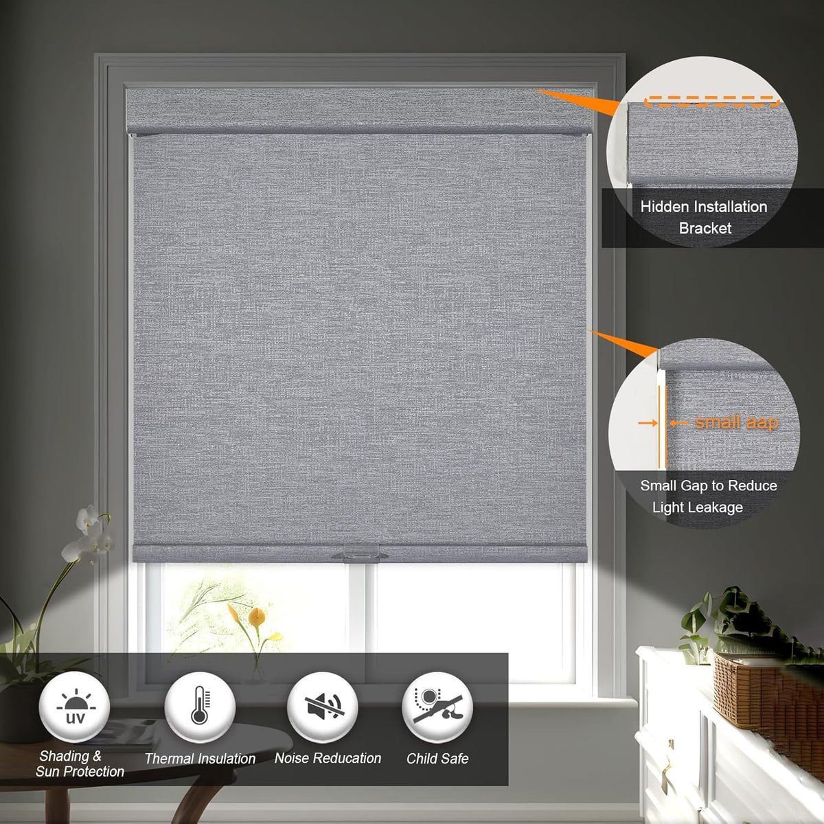 Persilux Blackout Roller Shades for Indoor Windows with Upgraded Cassette, Cordless Shades Window Blinds Pull Down for Doors, Easy to Install for Office/Living Room/Bedroom, Grey(26" W x 64" H)