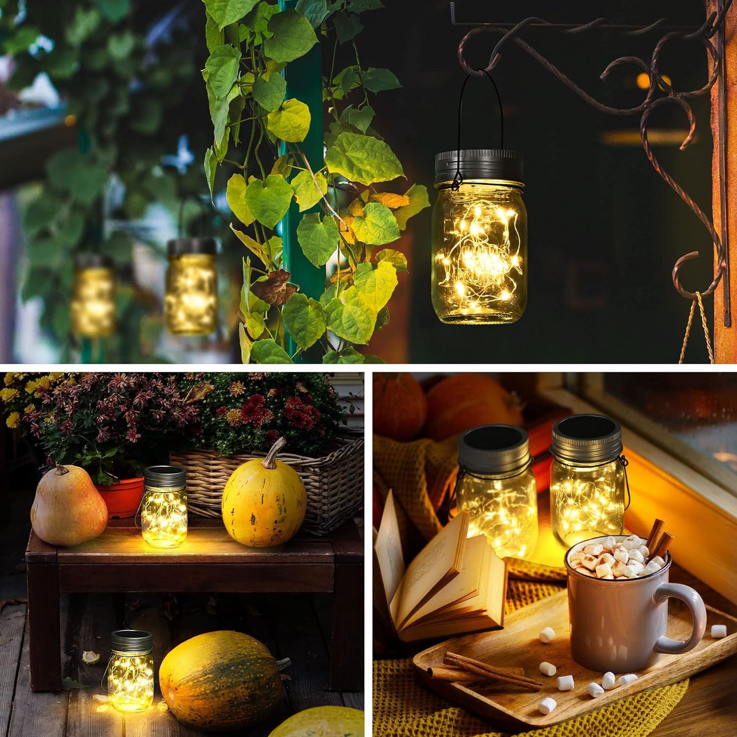 GIGALUMI Hanging Mason Jar Solar Lights, 6 Pack 30 Led Hanging Solar Lanterns Outdoor Waterproof, Hangers and Jars Included, Outdoor Decor for Balcony, Garden, Patio, Yard, Wedding
