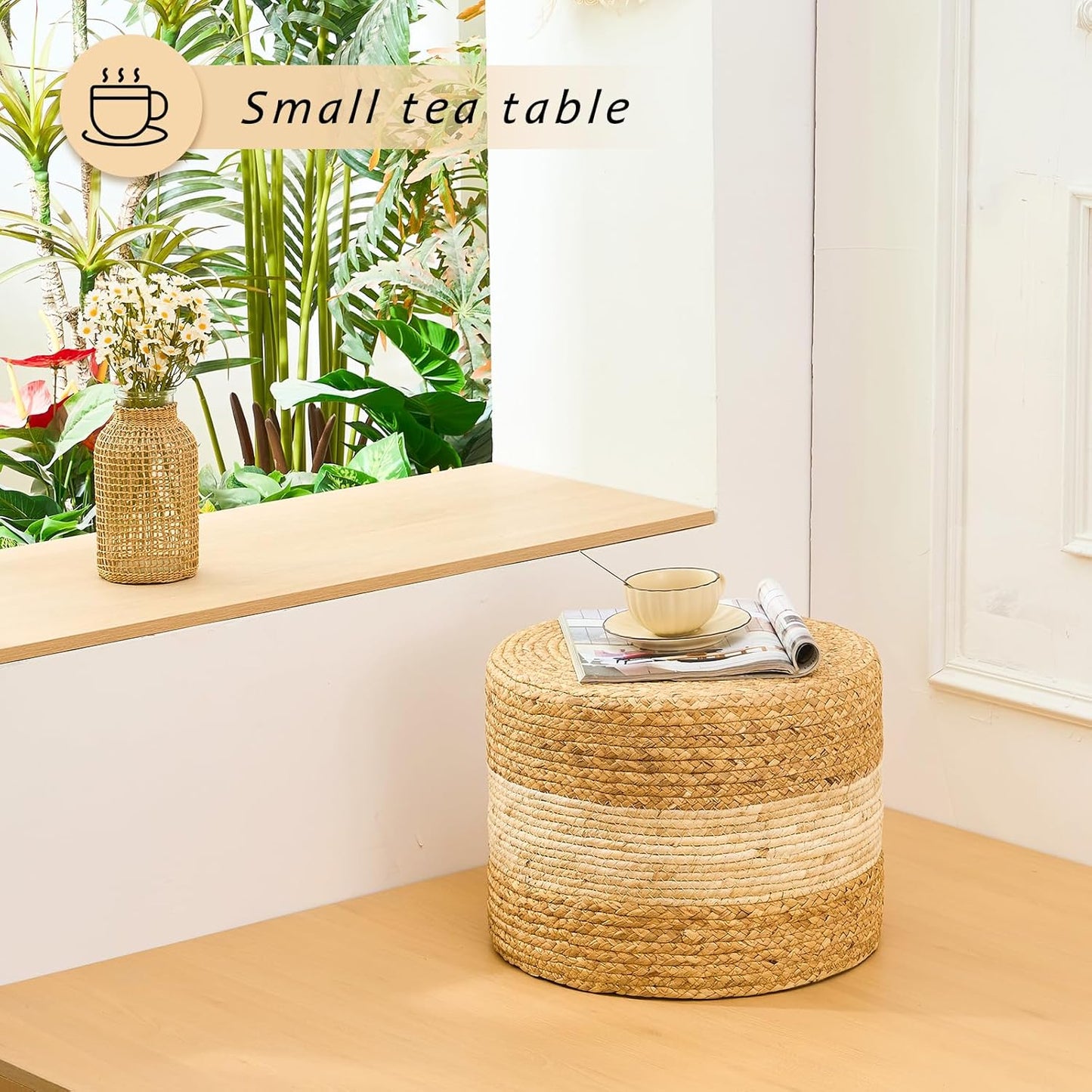 Handwoven Water Hyacinth Ottoman Pouf, Round Outdoor Footstool with Sturdy Frame, No Assembly Needed, Boho Accent Stool for Indoor & Outdoor Use – Patio, Balcony, Living Room (White)
