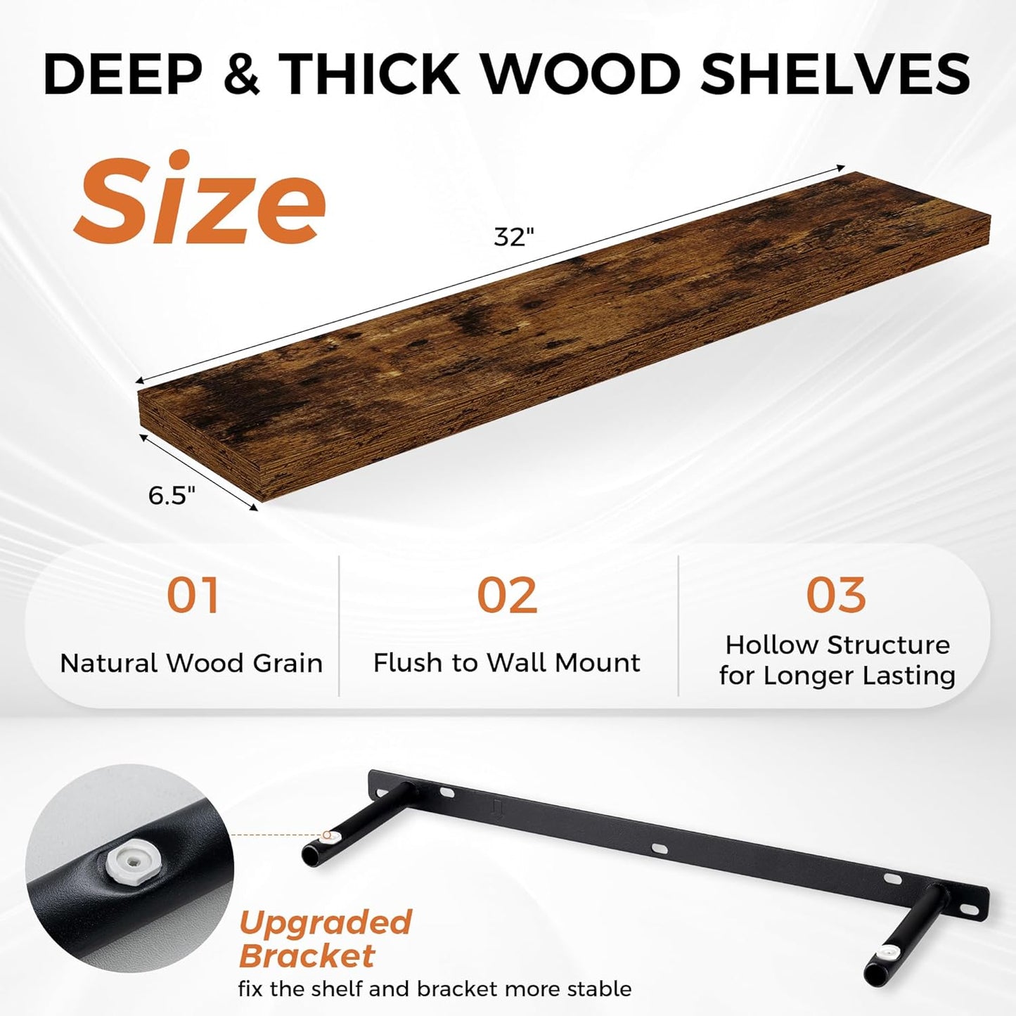 32” Rustic Floating Wall Shelves Set of 2 — Heavy Duty Wood Wall Shelves for Living Room, Kitchen, Bathroom &amp; Bedroom Storage