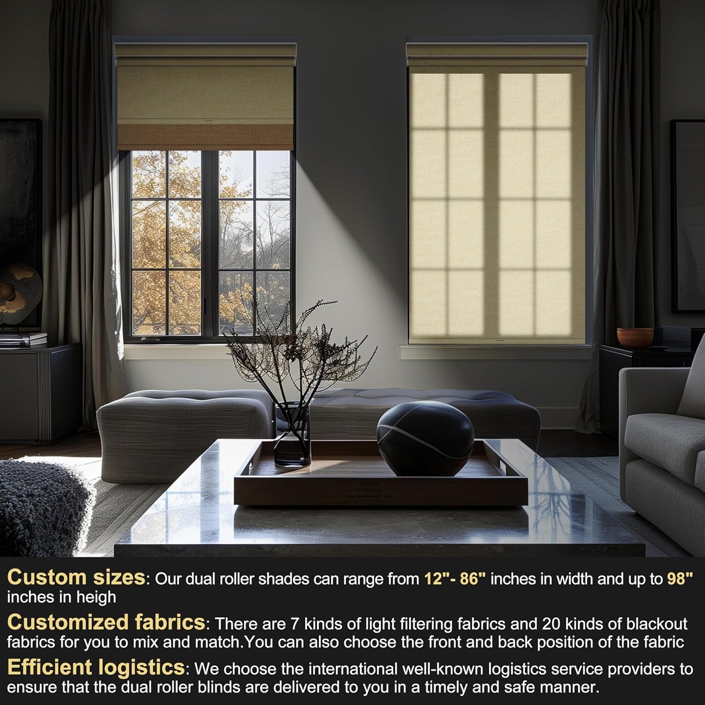 BERISSA Cordless Dual Roller Shades with Cassette Valance - Blackout and Light Filtering Shades for Home Office, Door. Linen Beige. 23 W x 86" H