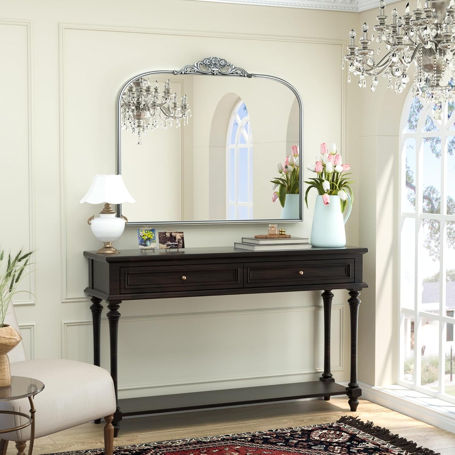 Keonjinn Vintage Mirror for Wall, 40" x 30" Silver Mirror with Metal Frame, Ornate Arched Decoration, Brass Mirror for Mantle, Living Room, French Cleat Mounting