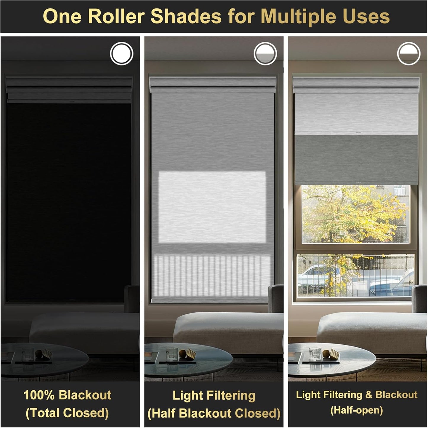 BERISSA Cordless Dual Roller Shades With Cassette Valance, Blackout and Light Filtering, Day and Night for Home Office Door - Grey and White, 44 W x 56" H